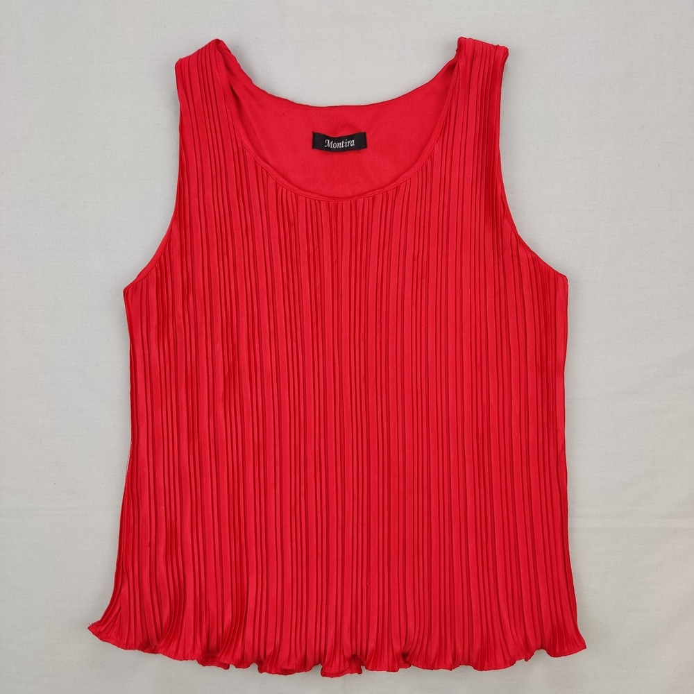 Montira Tank‎ Top Womens S Red Pleated Scoop Neck Sleeveless Lined Lettuce Hem